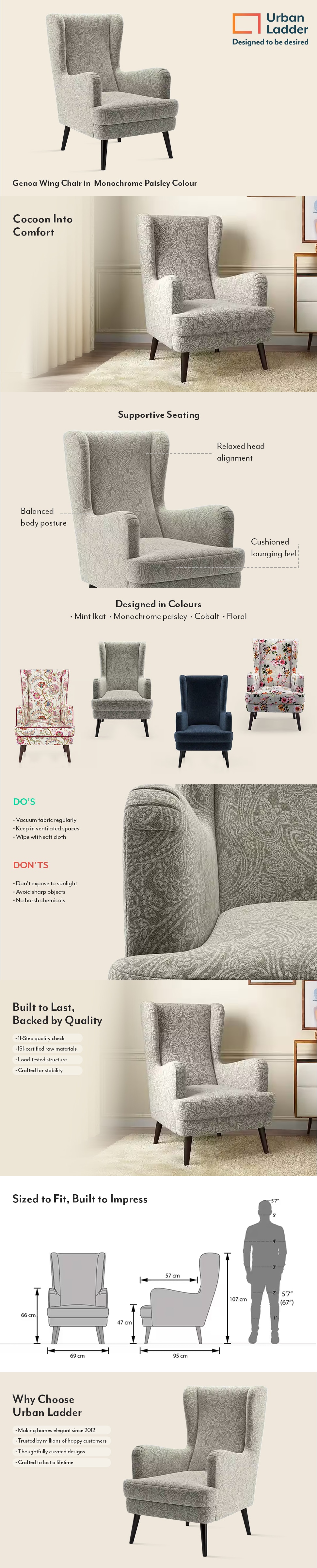 Genoa Fabric Wing Chair in  Monochrome Paisley Colour