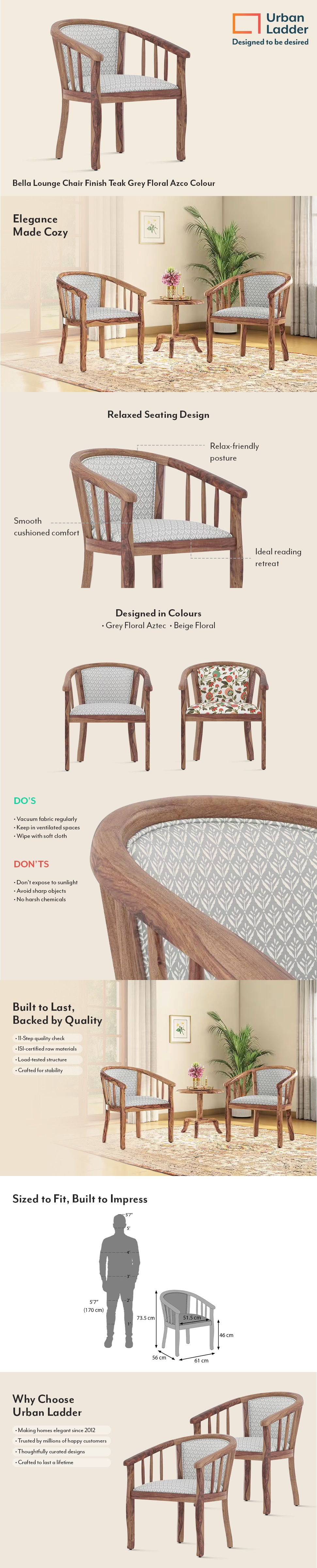 Bella Solid Wood Lounge Chair Finish Teak Grey Floral Azco Colour