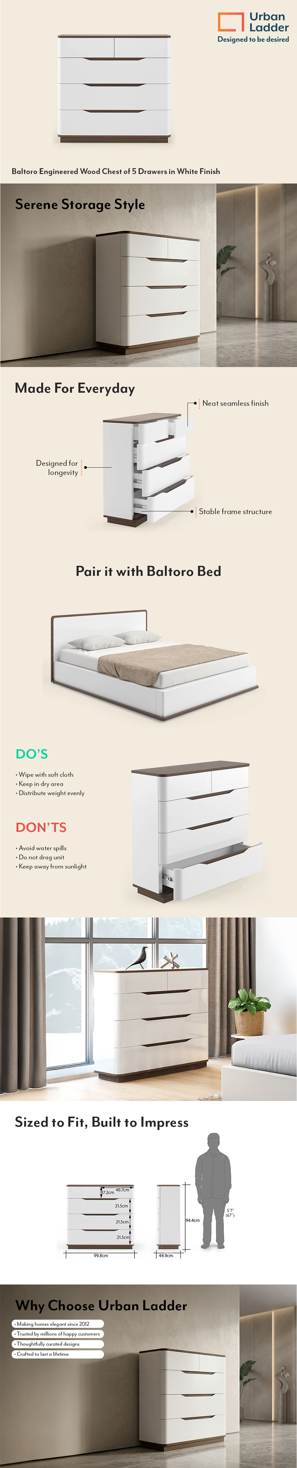 Baltoro Engineered Wood Chest of 5 Drawers in White Finish