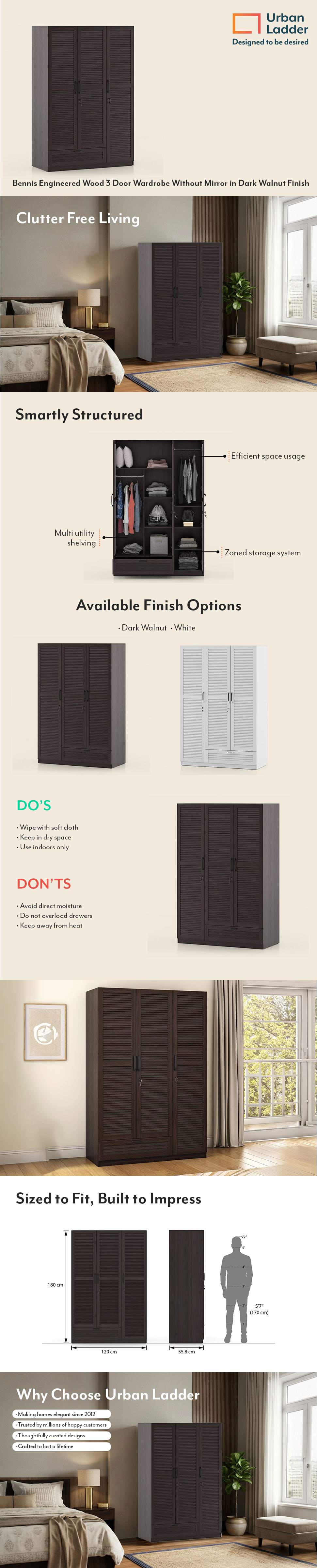 Bennis Engineered Wood 3 Door Wardrobe Without Mirror in Dark Walnut Finish
