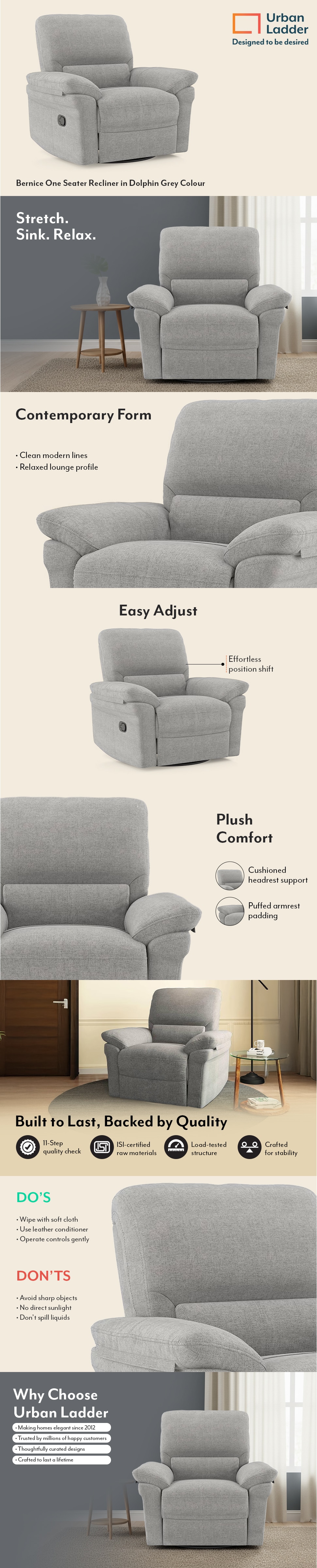 Bernice One Seater Manual Recliner in Dolphin Grey Colour