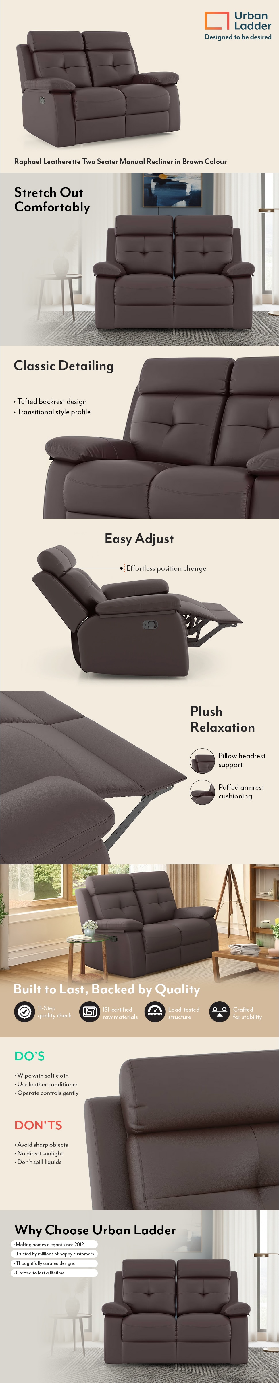 Raphael Leatherette Two Seater Manual Recliner in Brown Colour