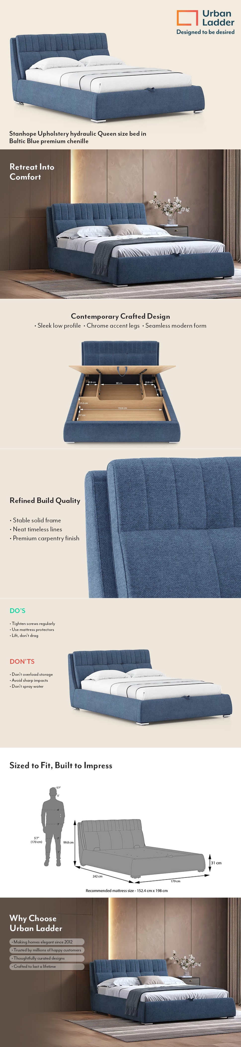 Stanhope Engineered Wood Queen Size Bed With Hydraulic Storage (Baltic Blue Colour)