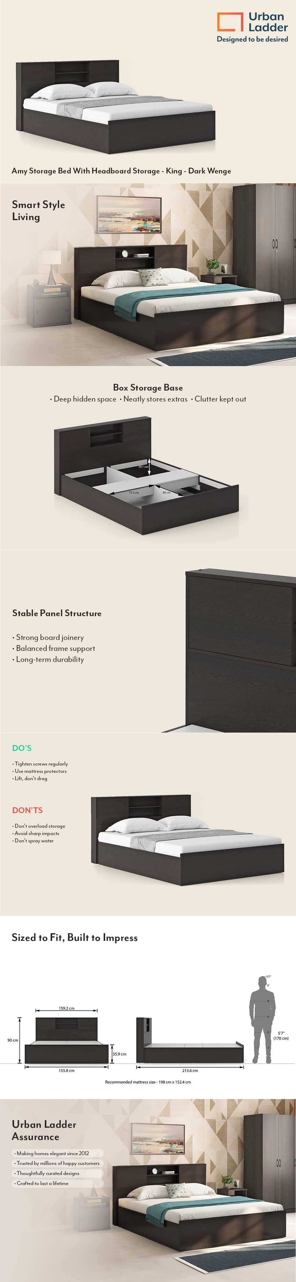 Amy Engineered Wood Queen Size Bed With Box Storage (Dark Wenge Finish, Brown Colour)