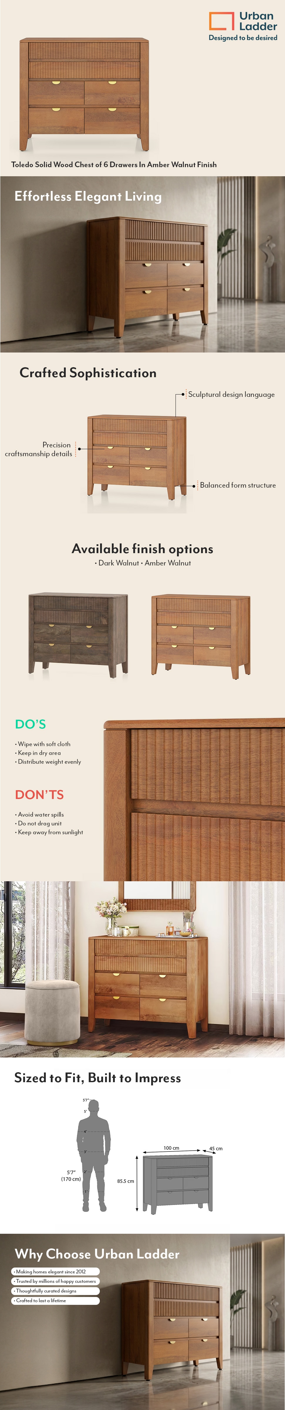 Toledo Solid Wood Chest of 6 Drawers In Amber Walnut Finish