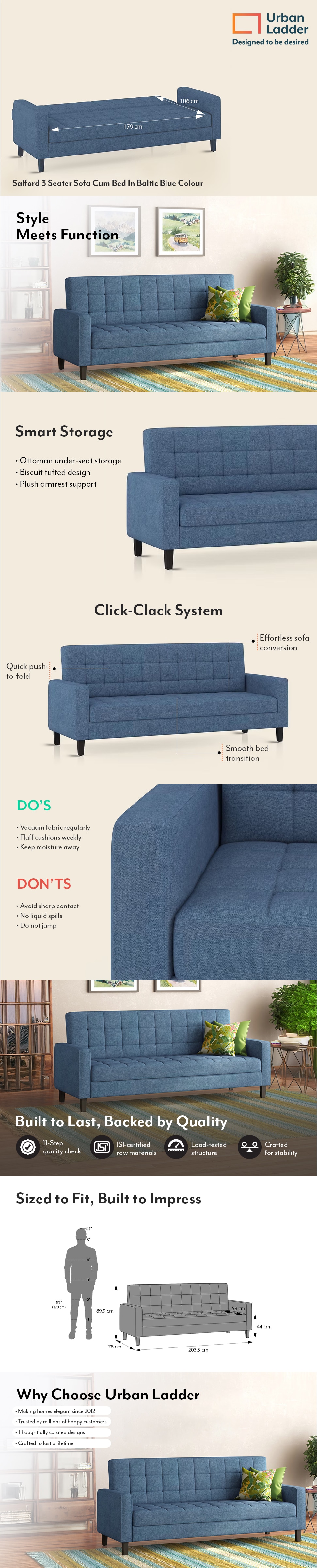 Salford 3 Seater Click Clack Sofa Cum Bed In Baltic Blue Colour