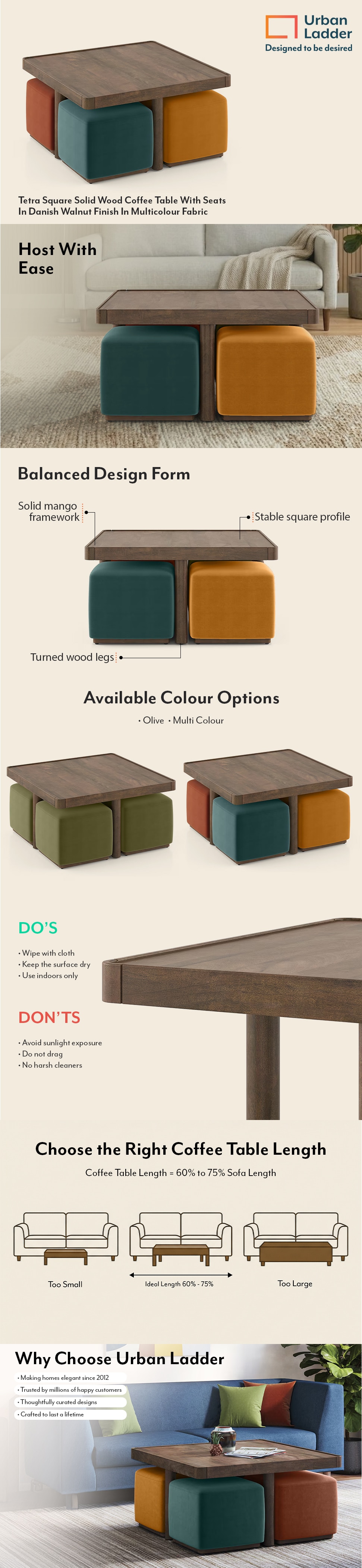 Tetra Square Solid Wood Coffee Table With Seats In Danish Walnut Finish In Multicolour Fabric