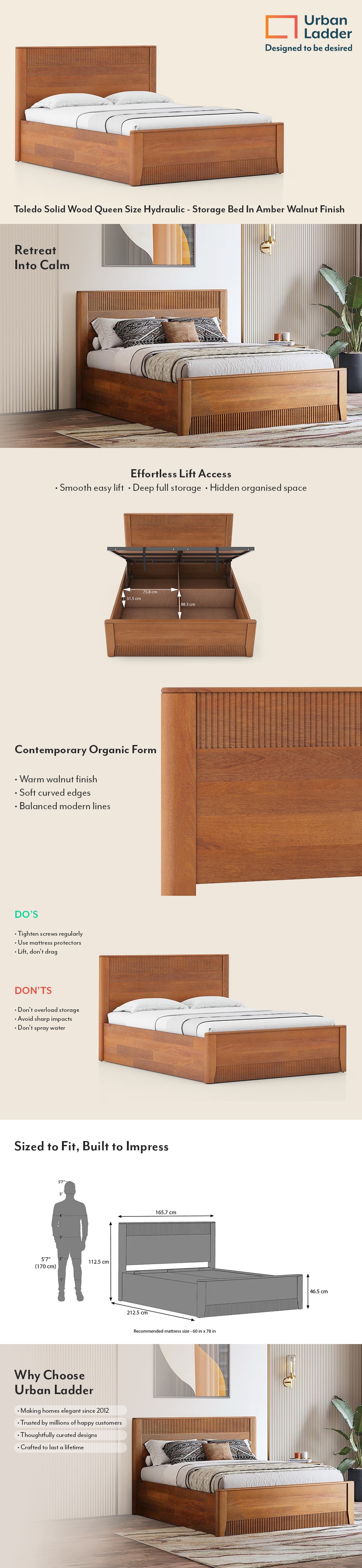 Toledo Solid Wood Queen Size Bed With Hydraulic Storage (Amber Walnut Finish)