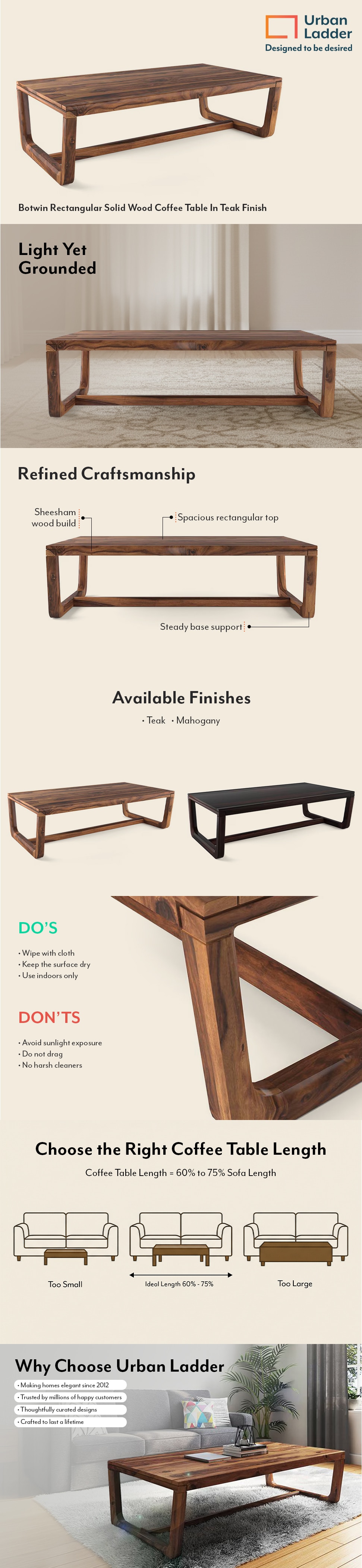 Botwin Rectangular Solid Wood Coffee Table In Teak Finish