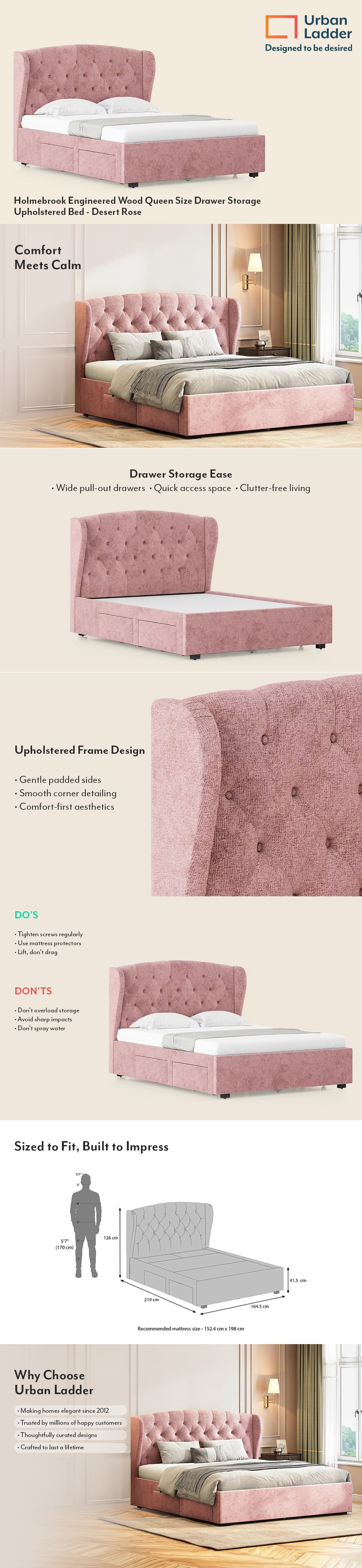 Holmebrook Engineered Wood Queen Size Bed With Drawer Storage (Desert Rose Finish)