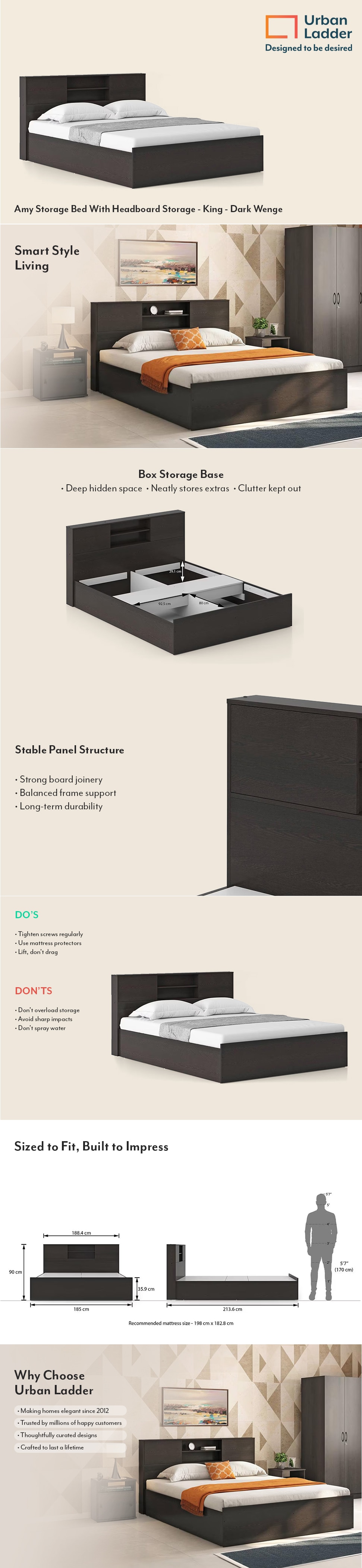 Amy Engineered Wood King Size Bed With Box Storage (Dark Wenge Finish, Brown Colour)