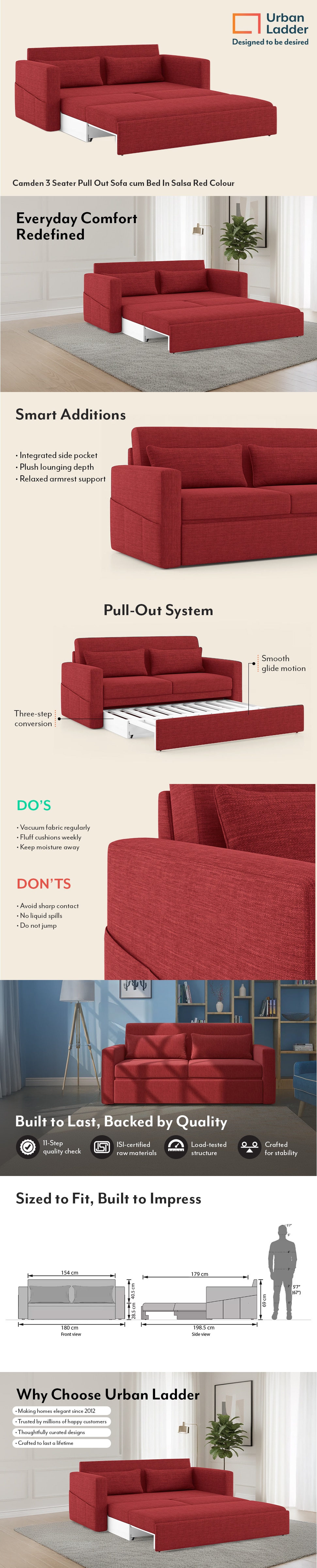 Camden 3 Seater Pull Out Sofa cum Bed In Salsa Red Colour