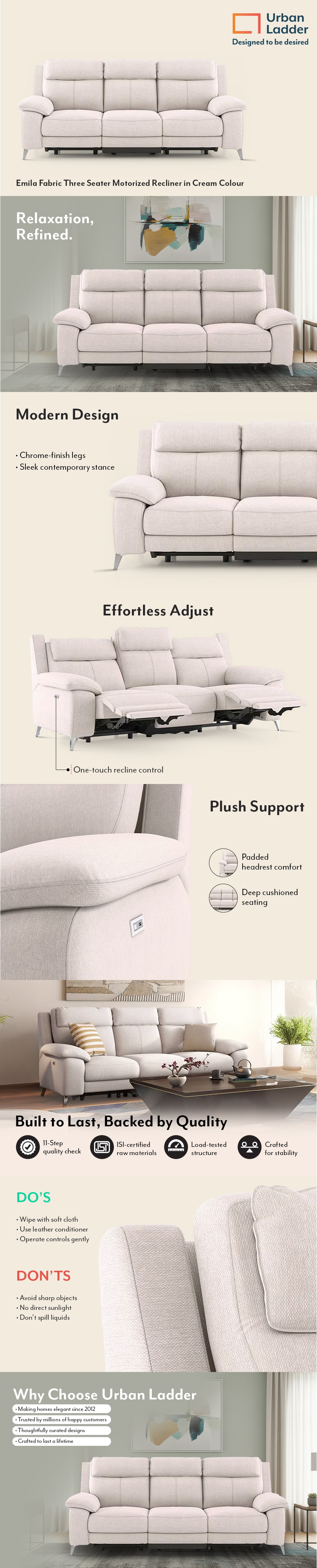 Emila Fabric Two Seater Motorized Recliner in Cream Colour
