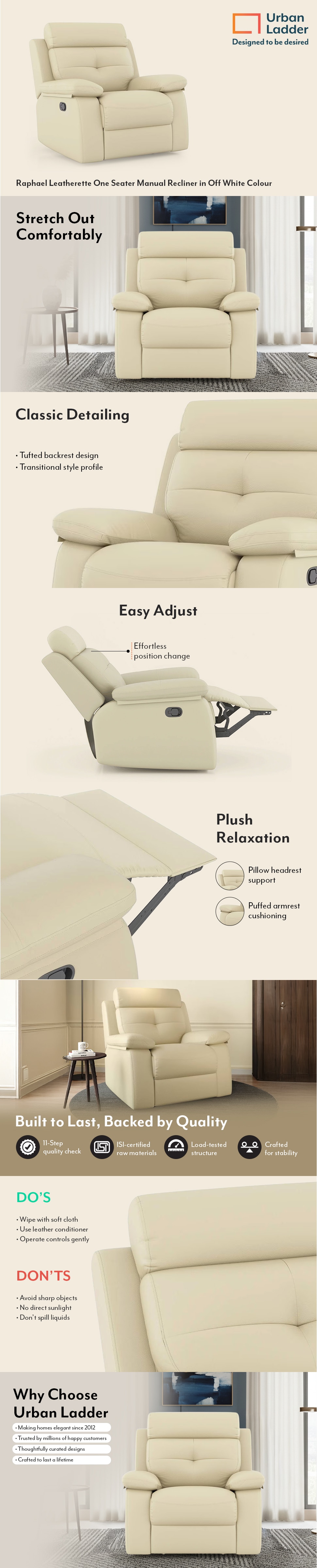 Raphael Leatherette One Seater Manual Recliner in Off White Colour