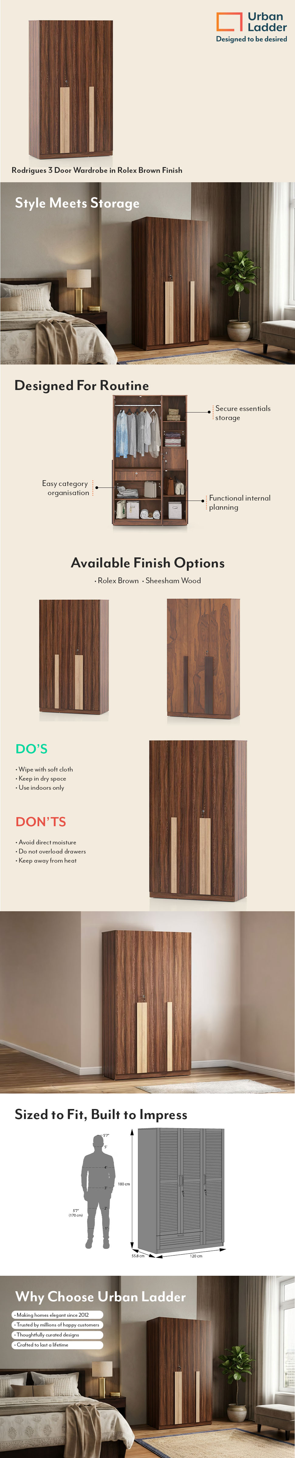 Rodrigues 3 Door Wardrobe in Rolex Brown Finish