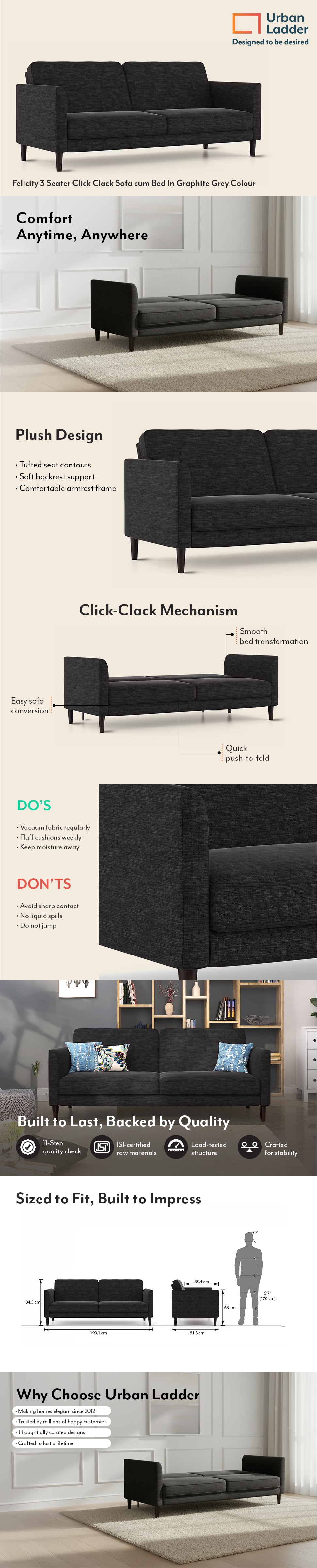 Felicity 3 Seater Click Clack Sofa cum Bed In Graphite Grey Colour