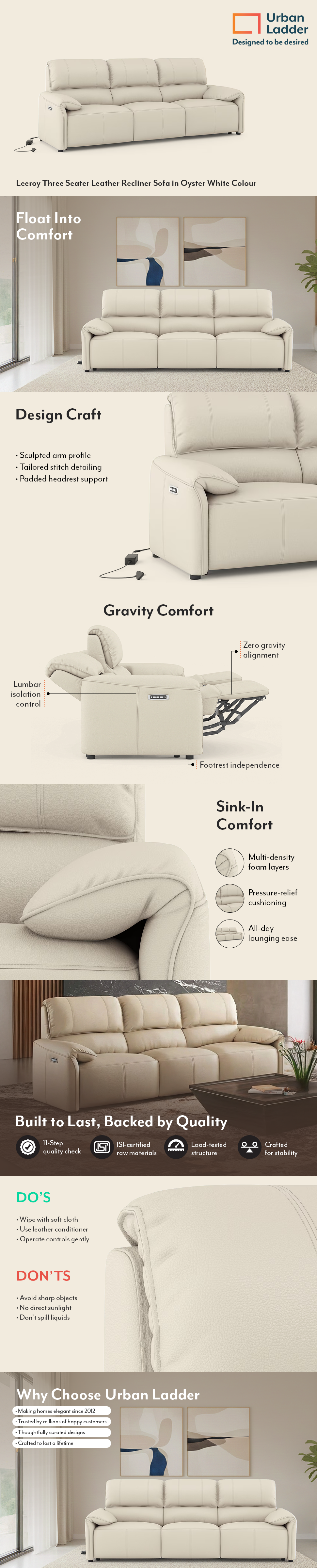 Leeroy Three Seater Leather Recliner Sofa in Oyster White Colour