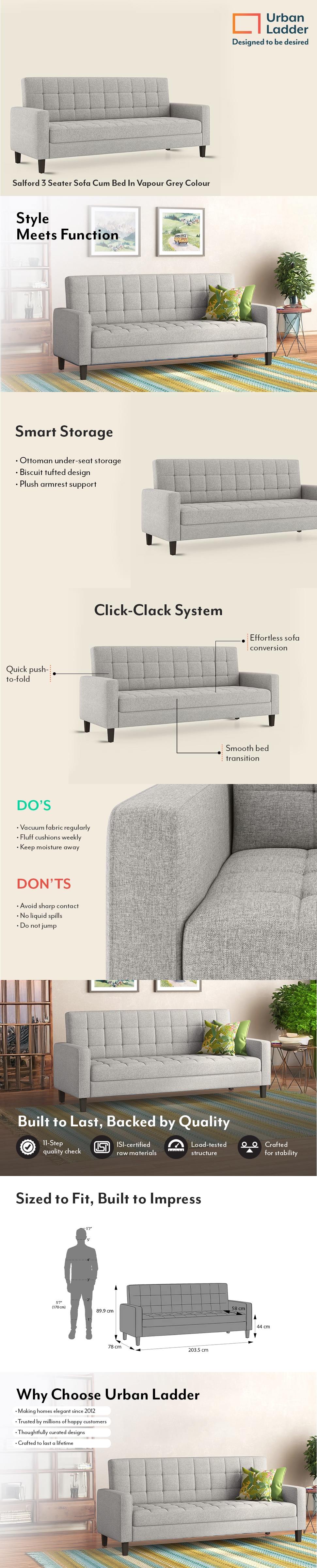 Salford 3 Seater Click Clack Sofa Cum Bed In Vapour Grey Colour