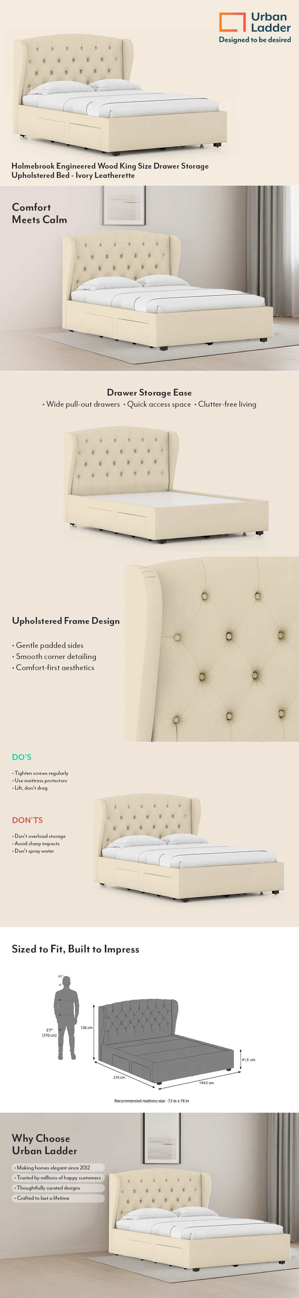 Holmebrook Engineered Wood King Size Bed With Drawer Storage (Ivory Colour)