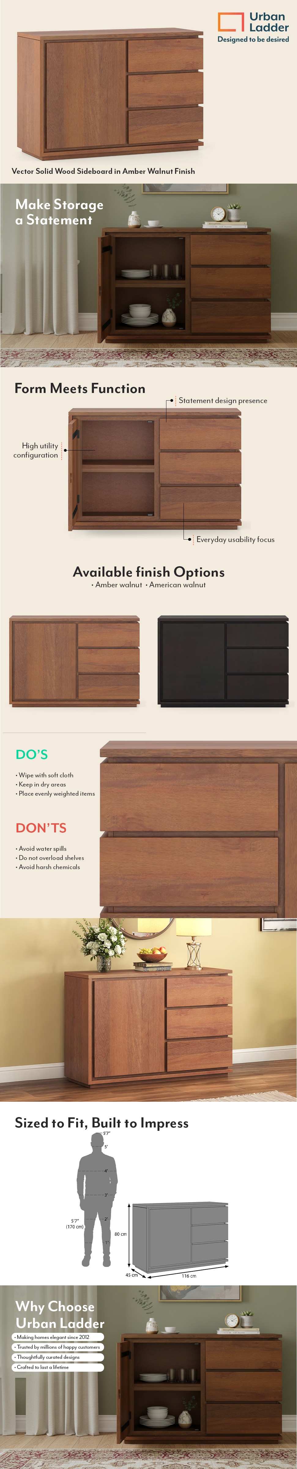 Vector Solid Wood Sideboard in  Amber Walnut Finish