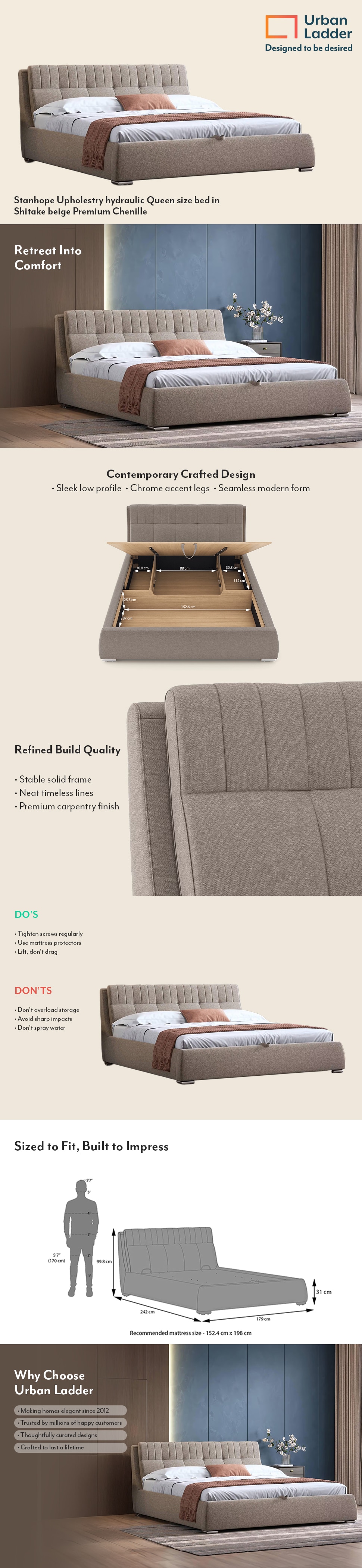 Stanhope Engineered Wood Queen Size Bed With Hydraulic Storage (Shitake Beige Colour)