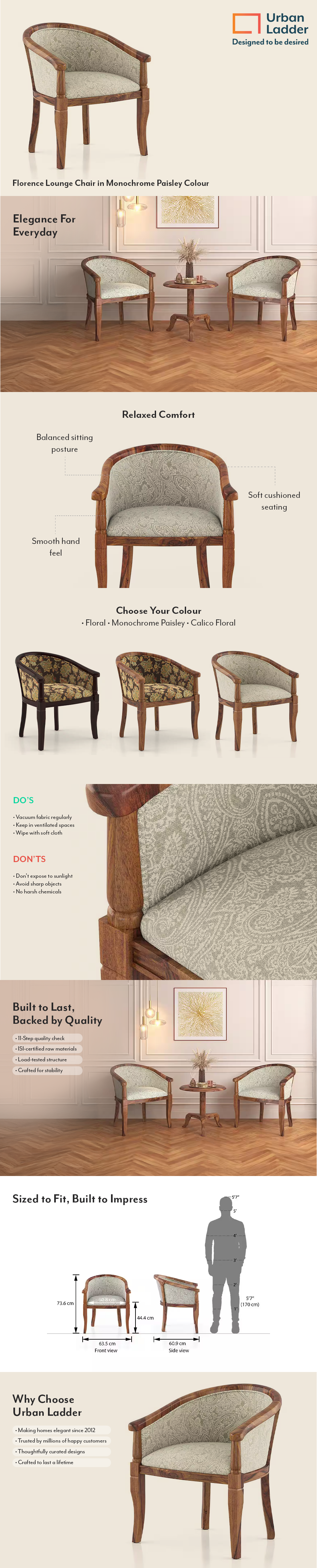 Florence Solid Wood Lounge Chair in Monochrome Paisley Colour