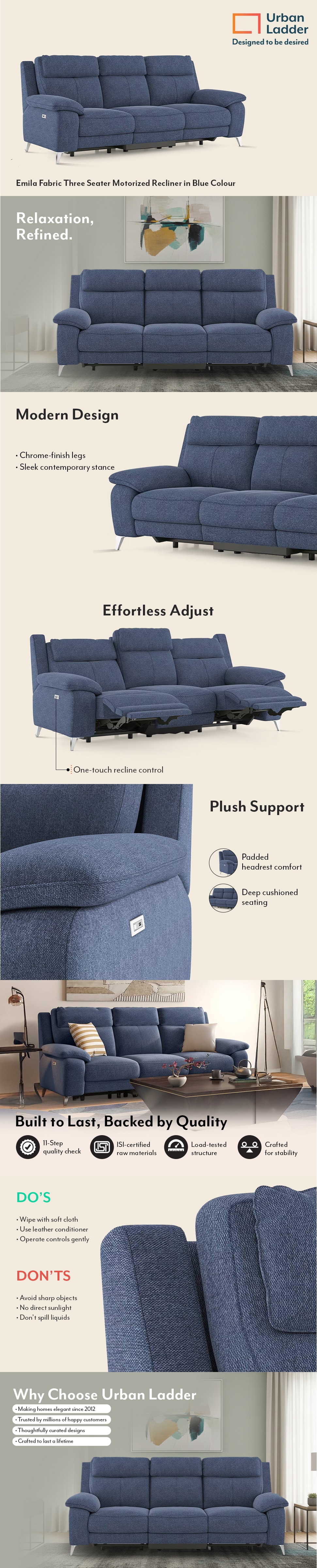 Emila Fabric Three Seater Motorized Recliner in Blue Colour