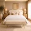 Doe Buck Upholstered Bench in Beige Colour with Channel Stitching and Gold Legs