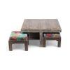 Blane Sheesham Wood 4 Seater Coffee Table Set In Antique Grey Finish Floral Print Green Kantha Cushion