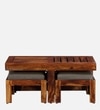Lifty Sheesham Wood Nesting Coffee Table Set in Provincial Teak Finish With Cushioned Stools