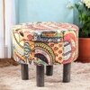 Collio Solid Wood Pouffee in Multicolour Patch Kantha Fabric