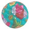 Roswell Sheesham Wood Mid Century Round Set of 2 Stools in Sea Green Fruit Print Kantha Upholstery