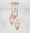 Alfie 3 Light Ceiling Pendant In Brass Finish Metal And Brown Leather With Frosted White Glass Shades