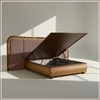 Elowen Softline Queen Size Bed in velvet With Oak wood Frame & Hydraulic Storage