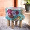 Morgan Solid Wood Pouf Stool in Floral Print Green Kantha Fabric
