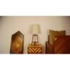 Angular Wooden Table Lamp with Brown Base and Premium White Fabric Lampshade