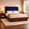 Vedanch Solid Wood Queen Size Upholstered Bed With Box Storage (Provincial Teak Finish, Royal Blue Colour)