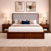 Vedanch Solid Wood Queen Size Upholstered Bed With Hydraulic Storage (Provincial Teak Finish, Grey Colour)