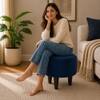 Doe Buck Velvet Round Ottoman Stool in Blue Colour with Wooden Legs