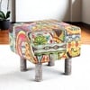 Verona Solid Wood Pouf Stool in Multicolour Patch Kantha Fabric