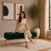 Doe Buck Upholstered Bench in Green Colour with Channel Stitching and Gold Legs