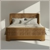 Heritage Cane Upholstered Queen Size Bed in Linen With Oak wood Frame