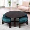 Nashville Sheesham Wood Coffee Table With 4 Stools Set In Mahogany Finish & Turquoise Sea Velvet Fabric Cushions