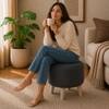 Doe Buck Parker Velvet Round Ottoman Stool in Grey Colour with Wooden Legs