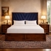 Vedanch Solid Wood Queen Size Upholstered Bed With Box Storage (Provincial Teak Finish, Royal Blue Colour)