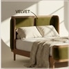 Valerio Duo-Panel Luxe Queen Size Bed in Olive colour Velvet with Oak wood Frame