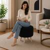 Doe Buck Parker Velvet Round Ottoman Stool in Black Colour with Wooden Legs