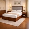 Vedanch Solid Wood Queen Size Upholstered Bed With Hydraulic Storage (Provincial Teak Finish, Grey Colour)