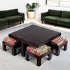 Blane Sheesham Wood Coffee Table With 4 Stools Set In Mahogany Finish & Multi Colour Israel Print Kantha Fabric Cushions