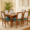 Globally Indian Sheesham Wood Turning Leg 6 Seater Dining Table Set With 6 Solid Wood Upholstered Chairs – In Blue Color